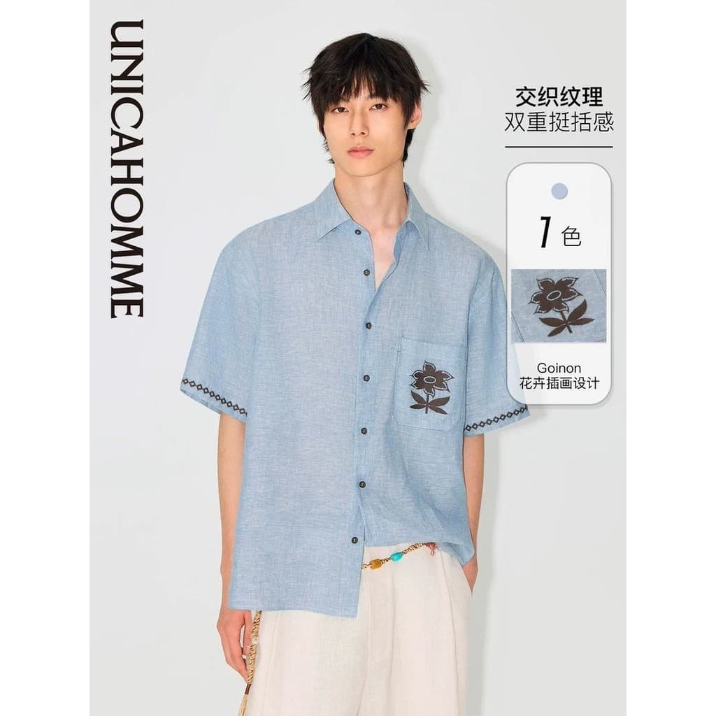 Huang Zihongfan Respirável Casual Linho Camisa de Manga Curta Homens Design Camisa Bordada Jaqueta Homens Mulheres 7.4
