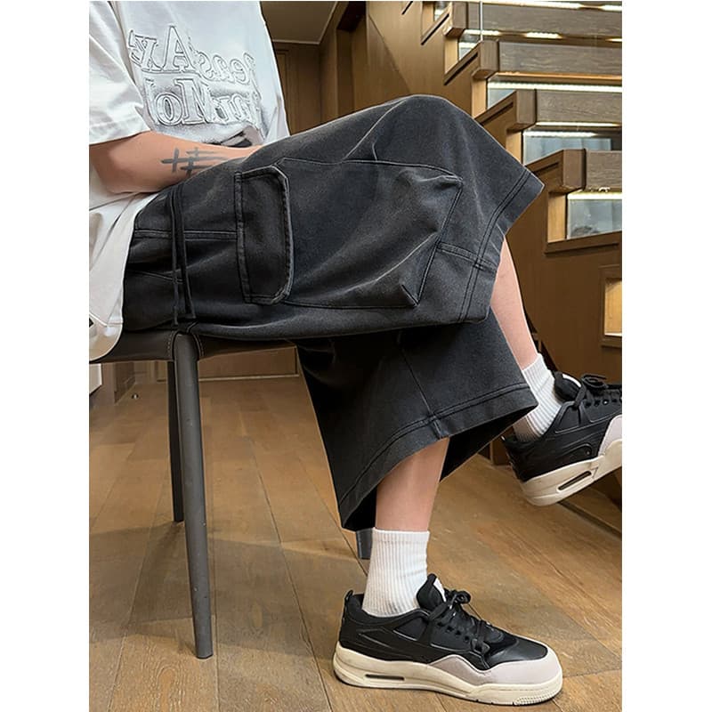 Macacão lavado desgastado calças cortadas homens verão fino solto em linha reta Casual Shorts Street Wear calças cortada