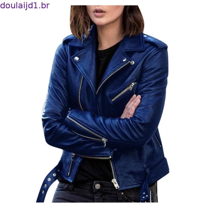 Jaqueta Feminina Slim de Couro Sintético com Zíper/Estilo Motociclista