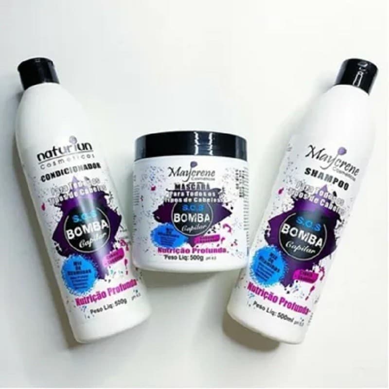 Kit S.O.S Bomba Capilar Completo 500ml Maycrene - Shampoo + Condicionador + Máscara Capilar