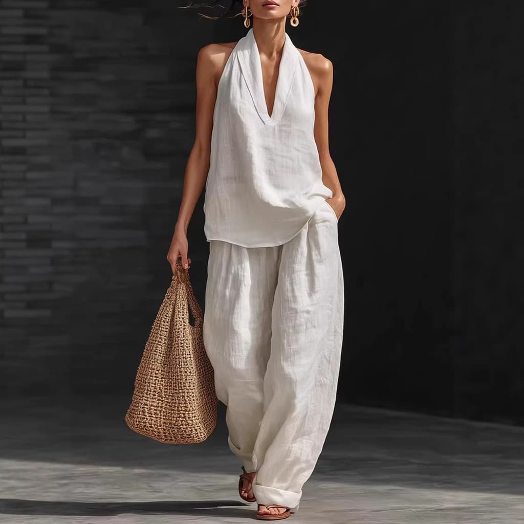 Conjunto de camisolas femininas com decote halter e decote em V, em mistura de algodão e linho, de corte solto e casual.