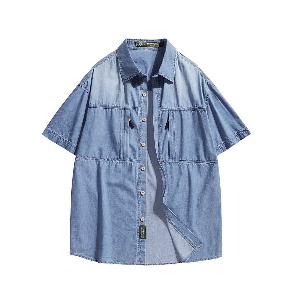 High-End lavado Denim camisa de manga curta masculina verão solto tamanho grande camisa rua Wear Retro angustiado jaquet