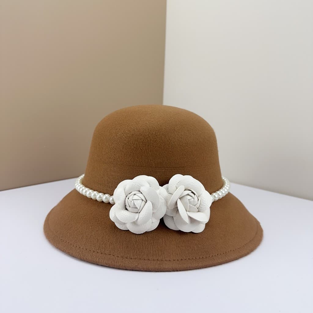 Estilo Designer pérola lã sino chapéu feminino Retro Hepburn cúpula grande borda chapéu superior outono inverno quente b