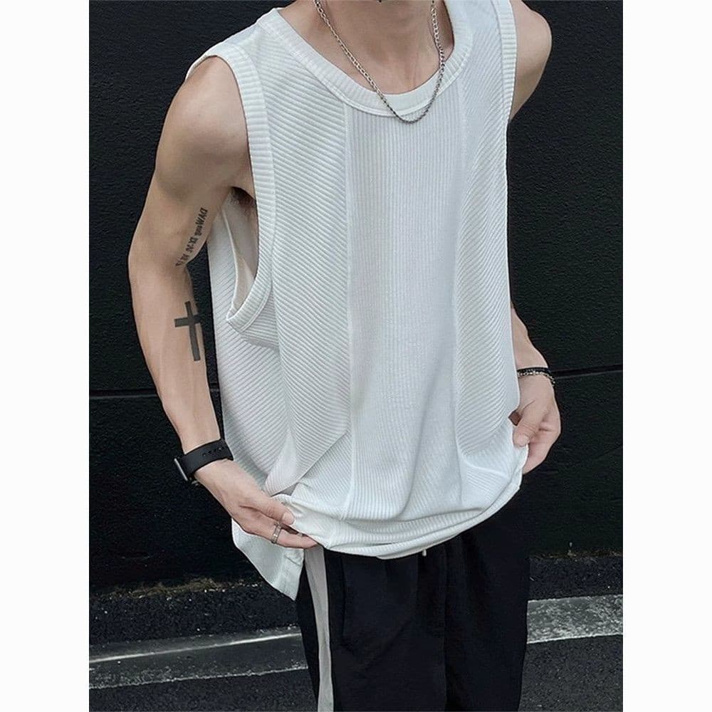 Sardas roupas masculinas Pit Strip costura velho colete sem mangas camiseta Retro rua jogo interno#雀斑男装坑条感拼接老汉背心 Camiset