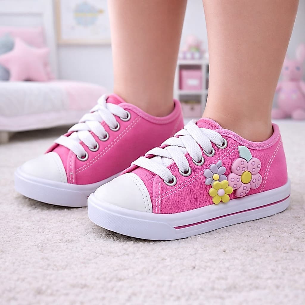 Tênis Infantil Rosa com Aplique de Flores Confortável Casual Escolar Dia a Dia Leve para Menina