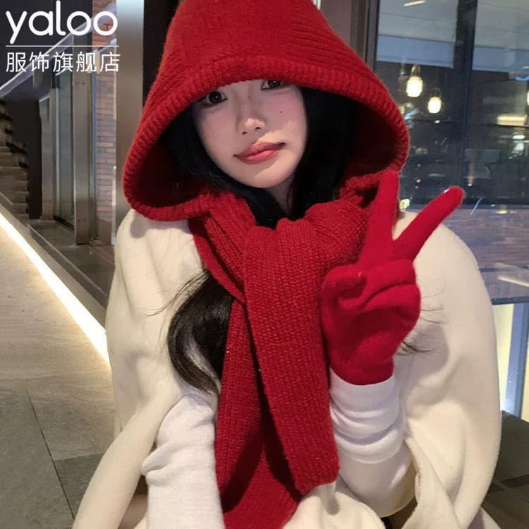 Yalu outono inverno chapéu feminino cachecol de uma peça engrossado quente chapéu de malha proteção de orelha Balach Laf
