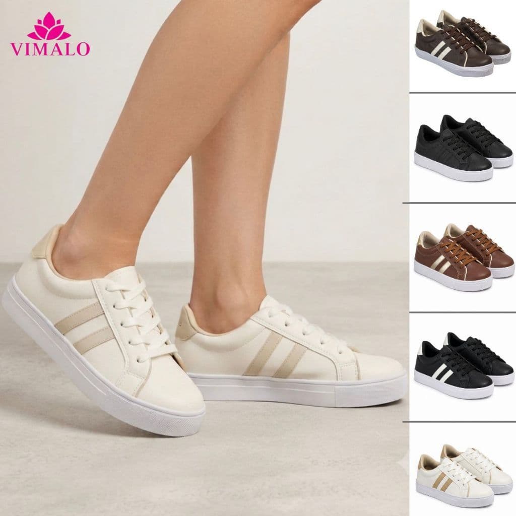Tênis Feminino Casual Vimalo Branco, Offwhite, Caramelo e Marrom e Preto