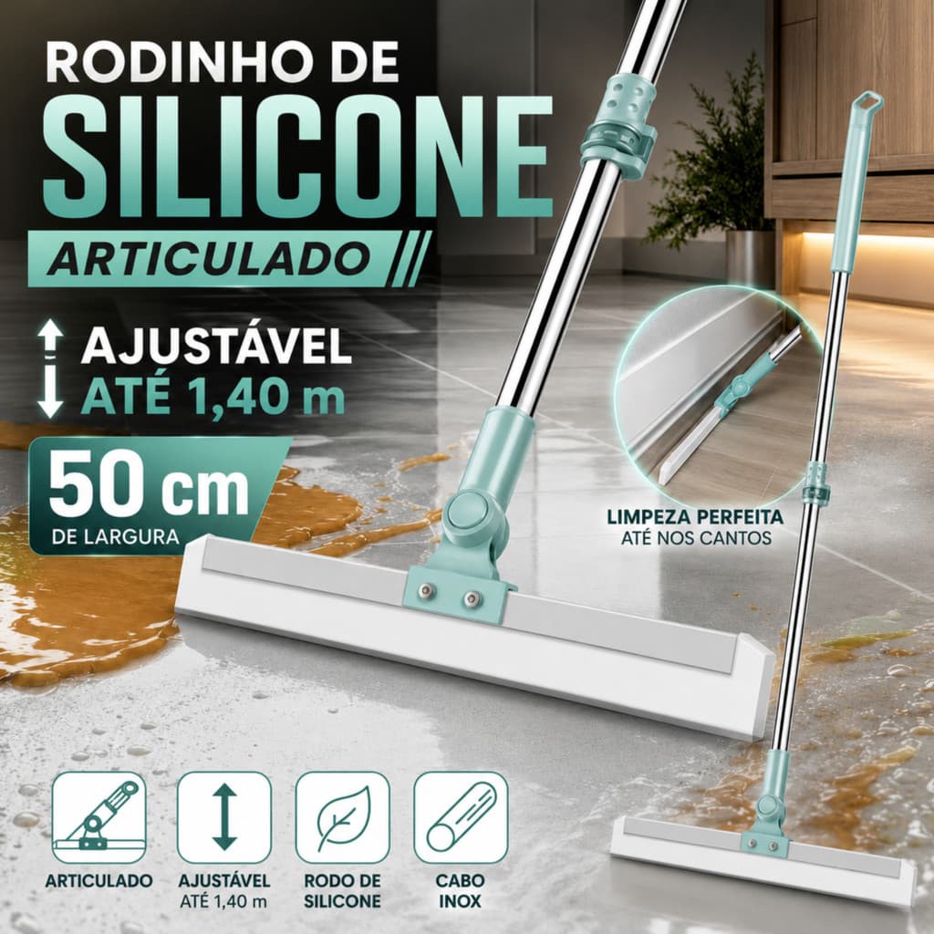 Rodo Articulado de Silicone 50cm com Cabo Longo 1,4m para Vidros, Piso e Porcelanato