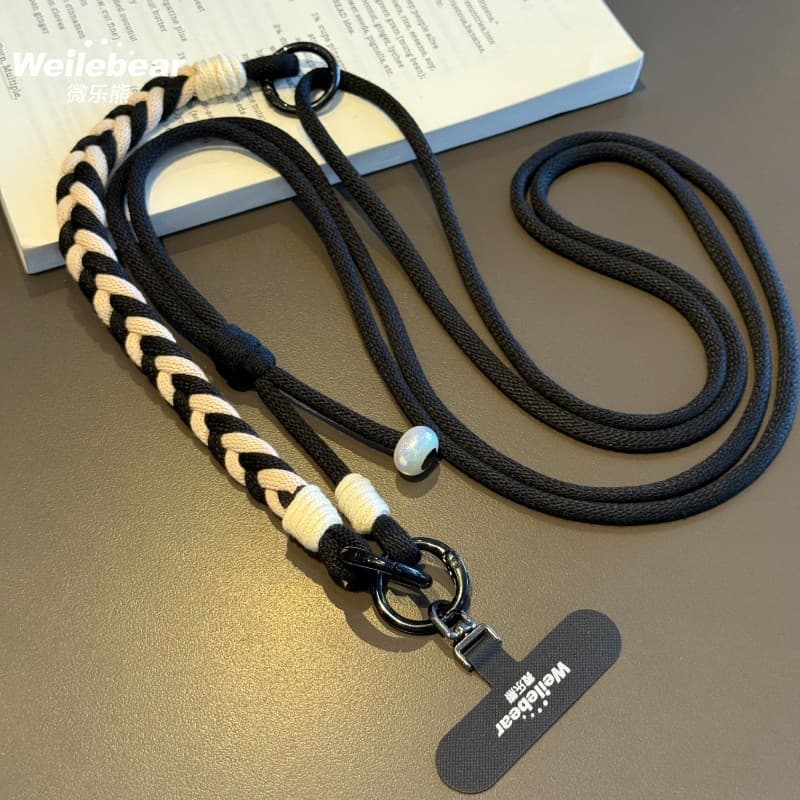 Cordão trançado três em um de algodão para celular, cordão cruzado ajustável para pendurar no pescoço e pulso