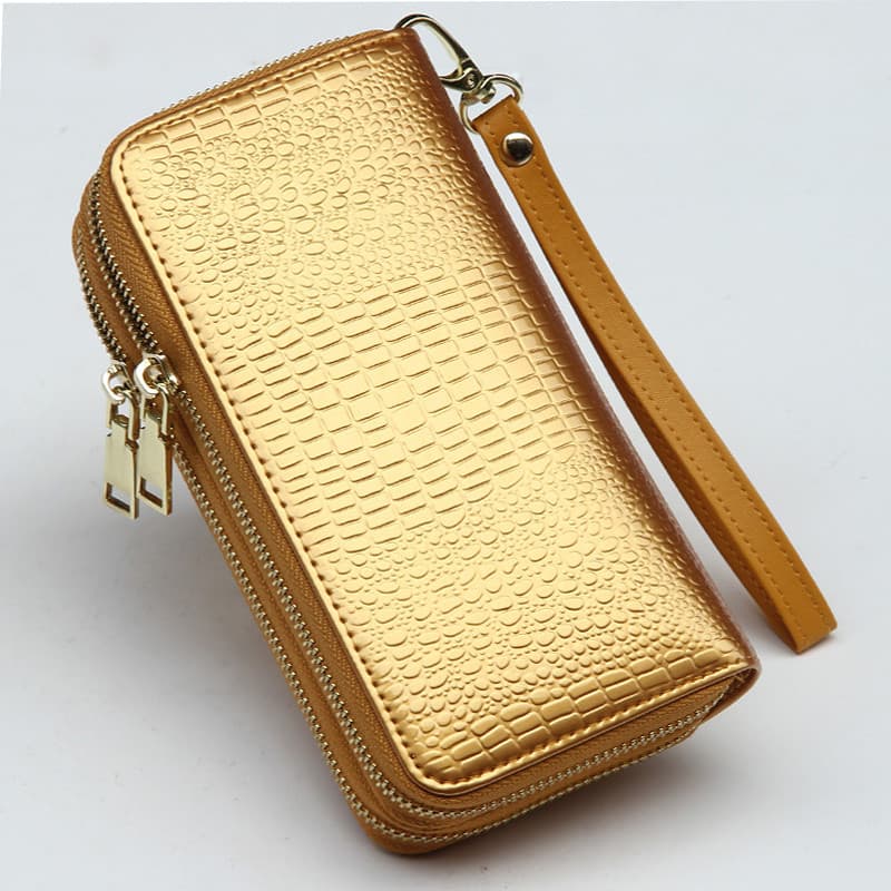 Lucky senhoras carteira novo estilo dourado amarelo embreagem duplo zíper couro genuíno grande capacidade saco do telefo
