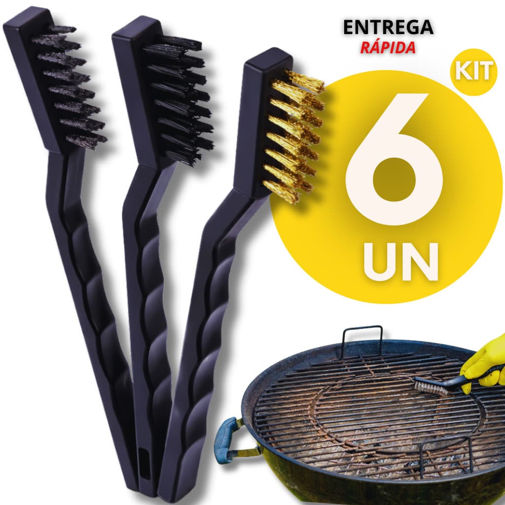 Kit 6 Escovas de Aço Multiuso Aço Latão Nylon Cabo Plástico Limpeza Pesada Para Dia a Dia