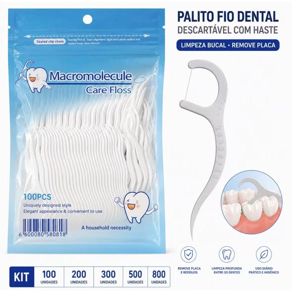 Kit 100/300/500 Fio Dental com Haste Descartável para Limpeza Bucal Uso Diário Prático e Econômico