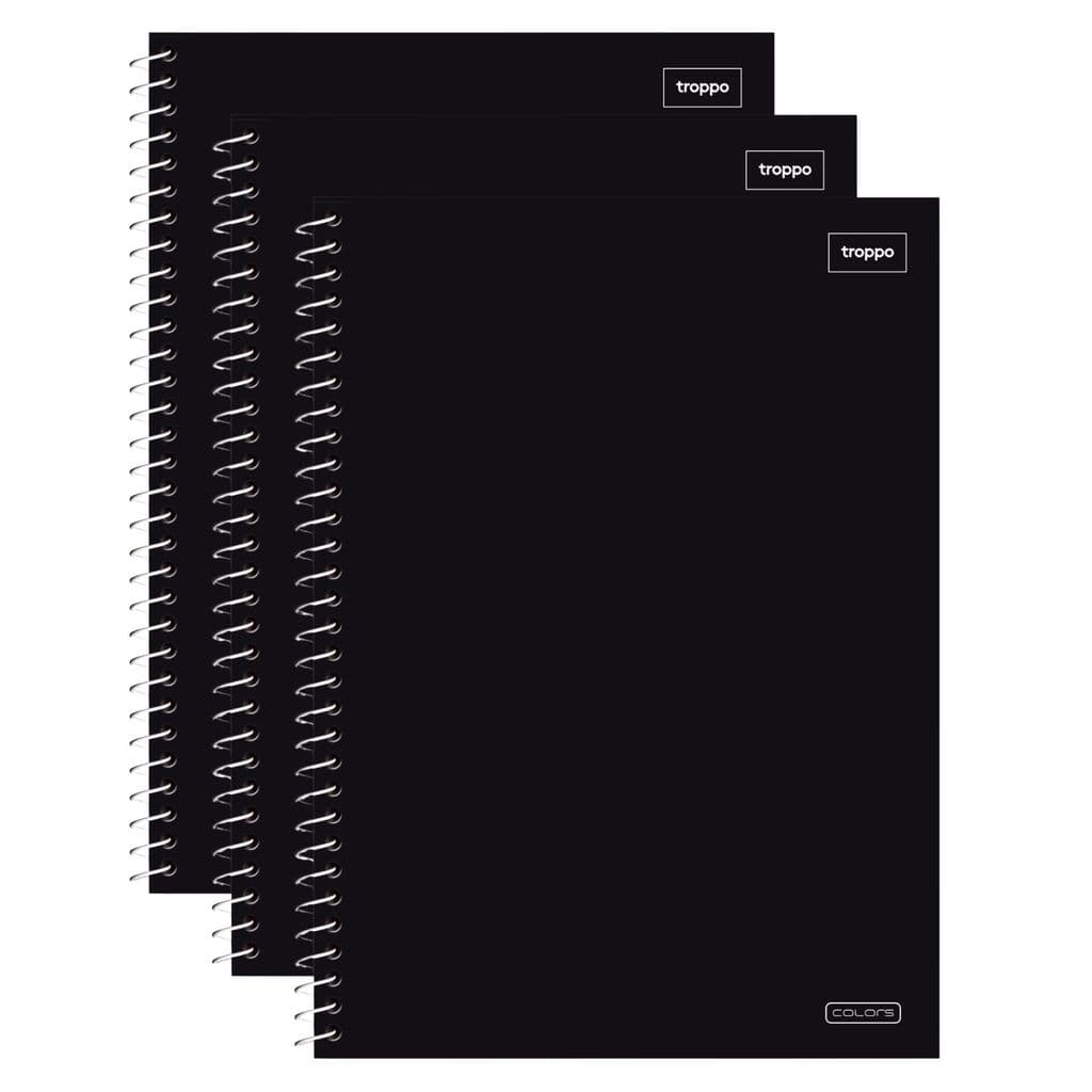 Kit 3 Cadernos Universitários 10 Matérias Preto 160 Folhas Capa Dura Espiral