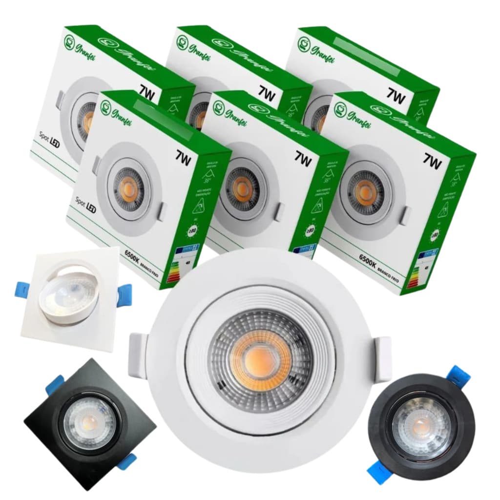 Kit 5-10-20 Luminária Spot Led 7w Branco Preto Embutir Quadrado Redondo Branco Frio Neutro Quente