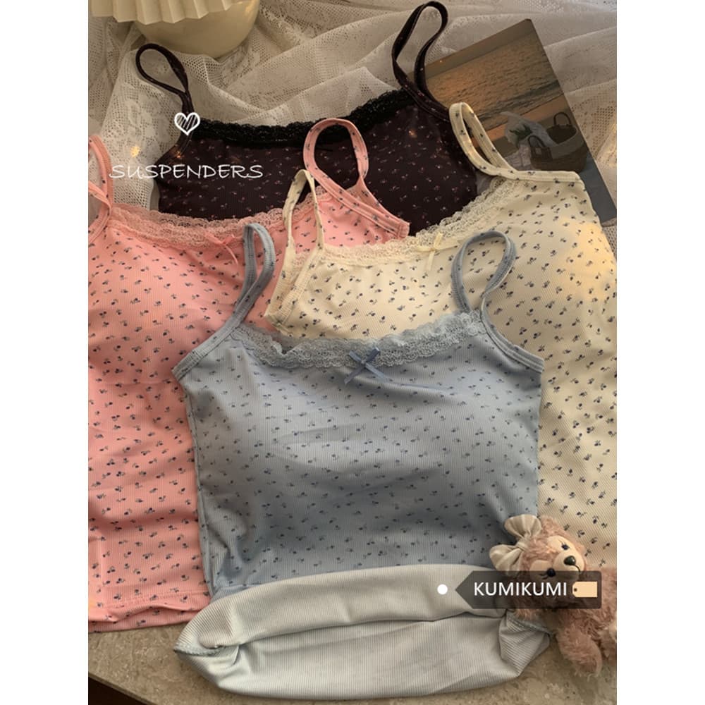 Puro desejo estilo renda borda costura arco pequeno Floral camisola feminina verão estilo curto com almofada no peito ma