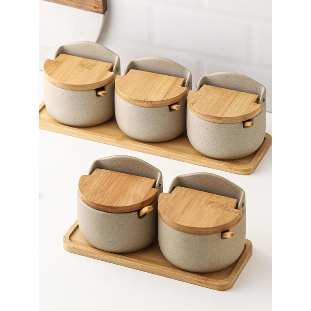 Estilo japonês cerâmica bambu tampa de madeira tempero jar tempero caixa cozinha tempero armazenamento jar restaurante d