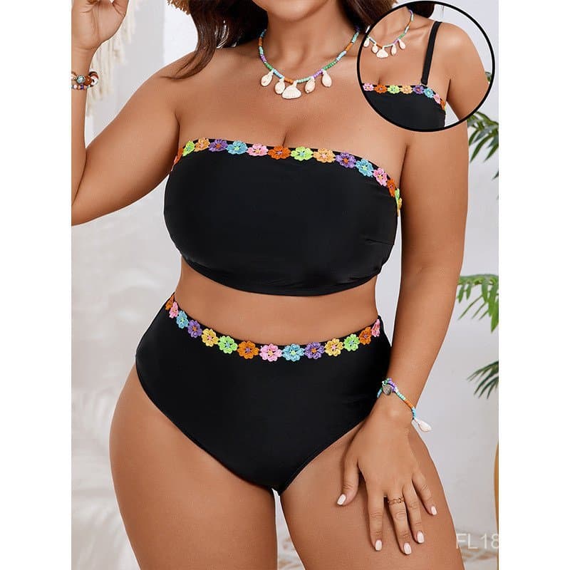 Biquíni plus size, estampa floral em cores vibrantes, maiô feminino de duas peças sem alças, alças de ombro removíveis,