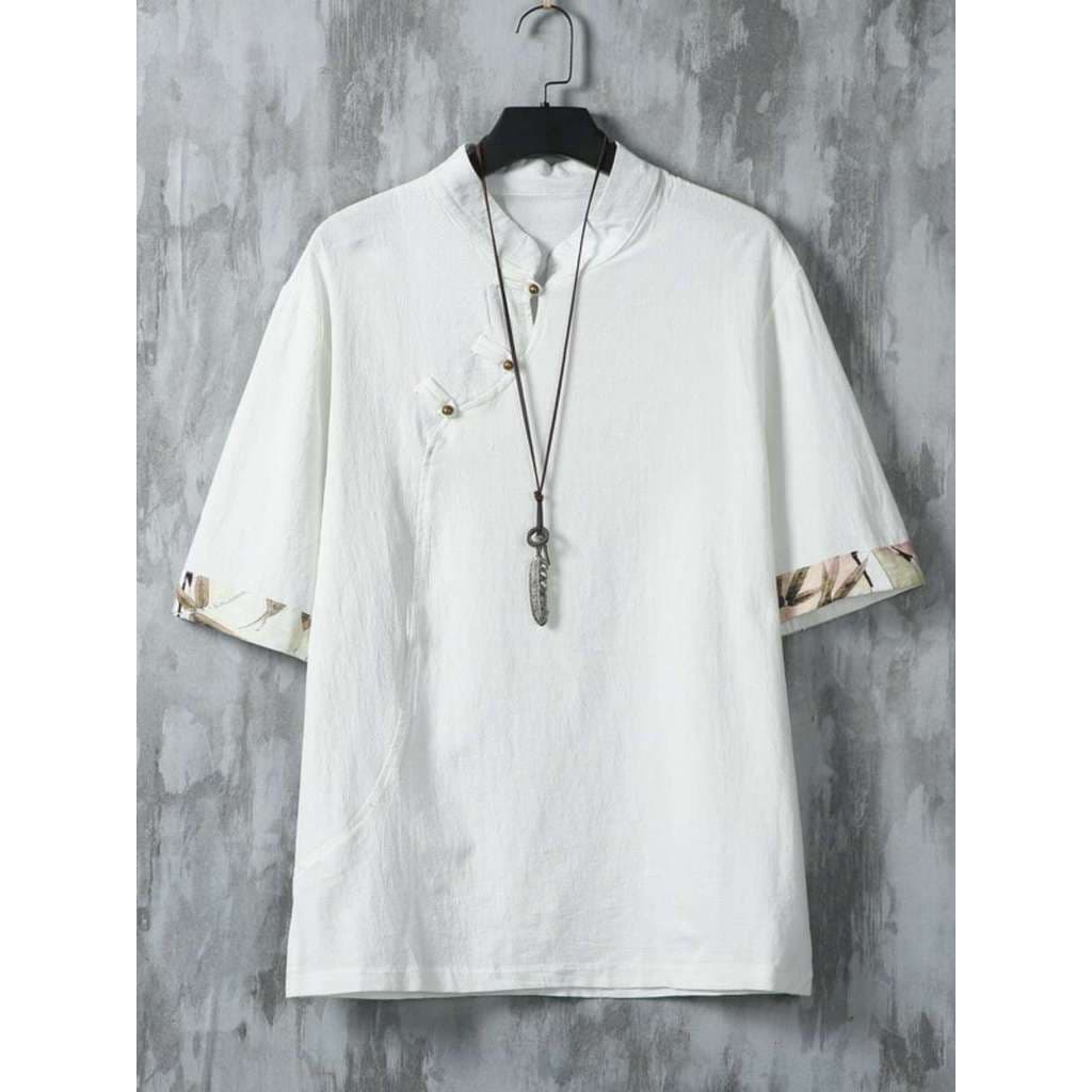 Novo estilo de verão camisa de linho de algodão masculina manga de cinco pontos camisa de manga média impressa gola alta