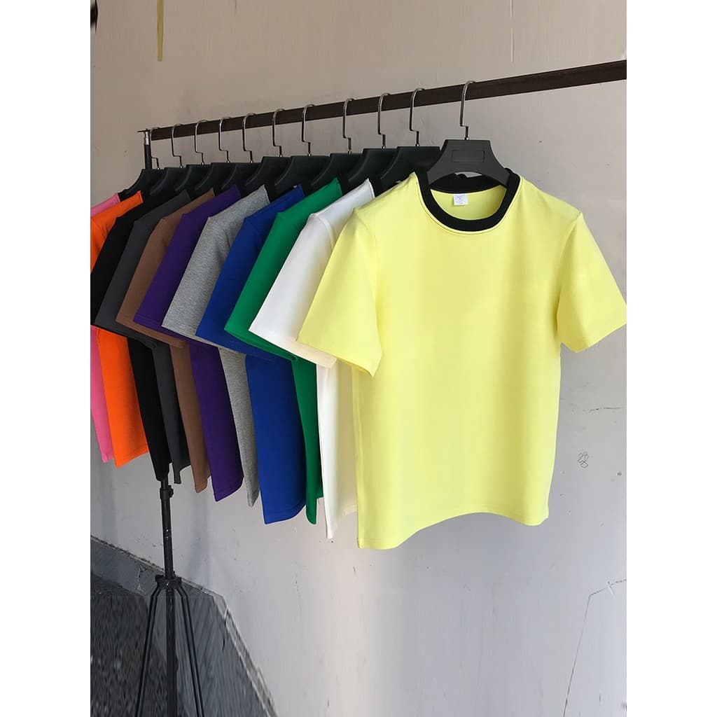 Verão algodão versão coreana cor combinando em torno do pescoço de manga curta camiseta Casual simples estilo básico sol
