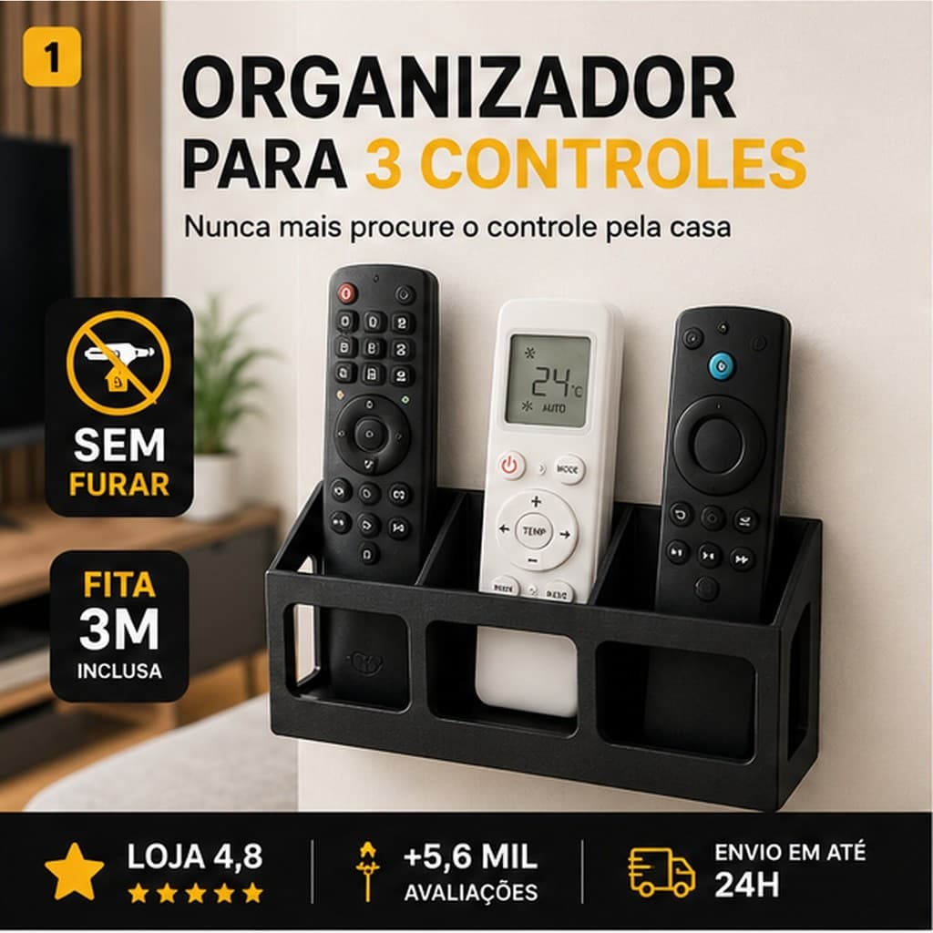Organizador Controle Remoto TV Ar Com Fita 3M Sem Furar Sala Mesa Porta Celular