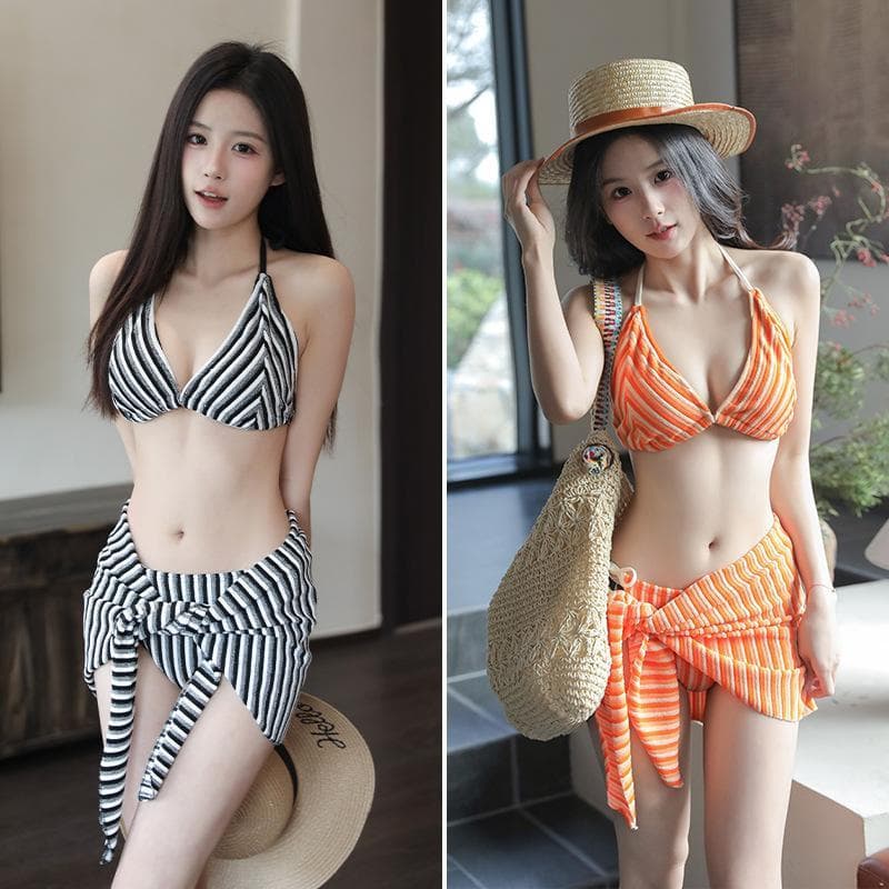 Biquíni feminino de três peças com estampa listrada laranja, com amarração no pescoço, estilo coreano, para férias e ban