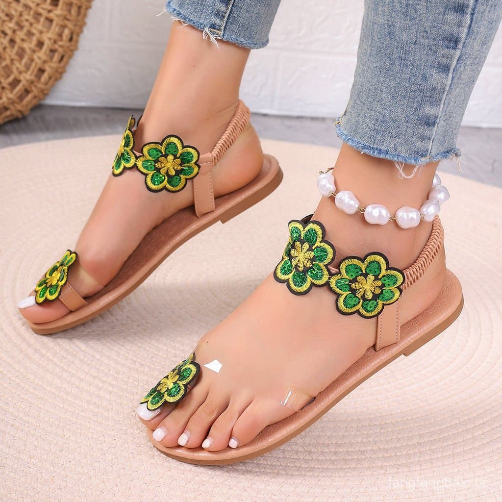 Europeu americano comércio exterior tamanho grande flor sandálias planas mulheres Cross-Border férias estilo Flip-Flops