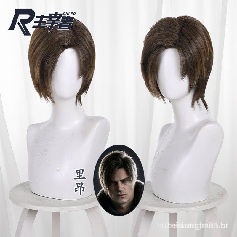 Peruca de Cosplay de Leon de Resident Evil 9 Requiem, Dominator, Ombre Marrom-Preto, Cabelo Curto Natural com Linha de D