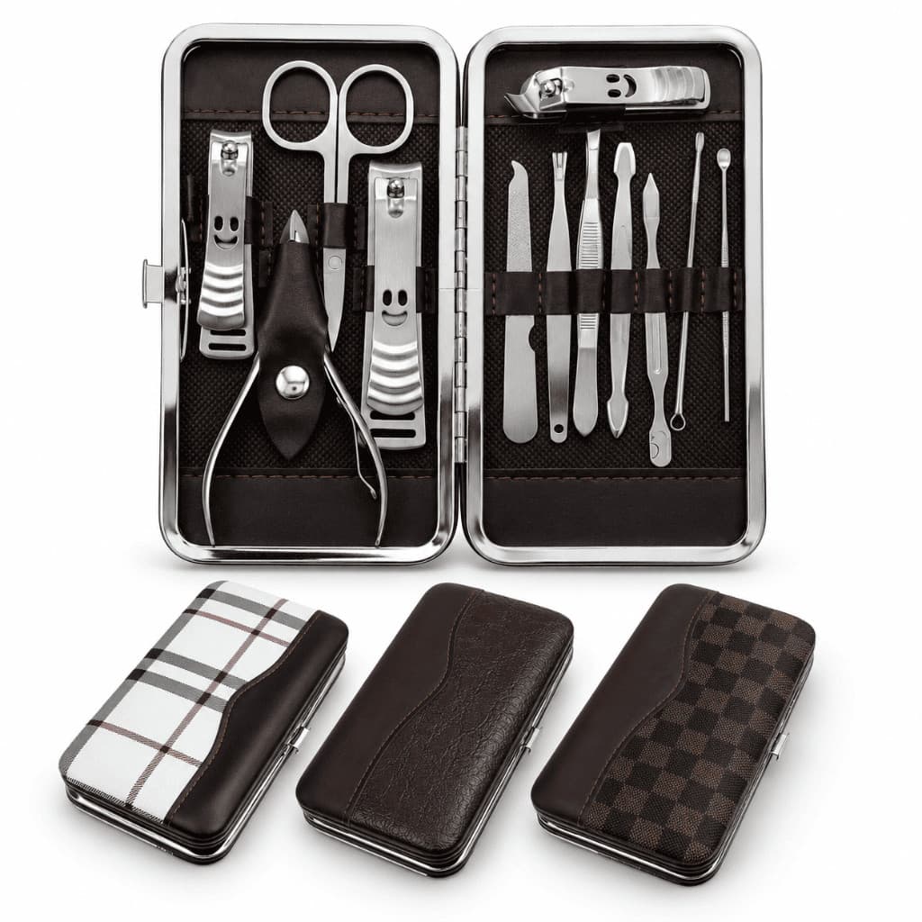 Kit 12 portátil para manicure com cortador de unhas pinça e tesoura estojo com organizador de Couro