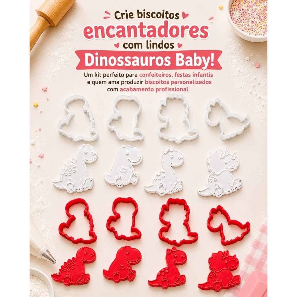 Kit 4 pEÇAS Cortadores e Carimbos para Biscoitos – Dinossauros Baby