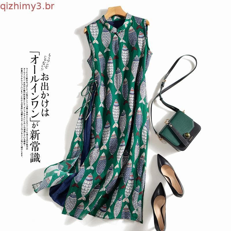 2022 marca corte etiqueta feminina estilo chinês melhorado Cheongsam algodão linho Robe sem mangas vestido Re.