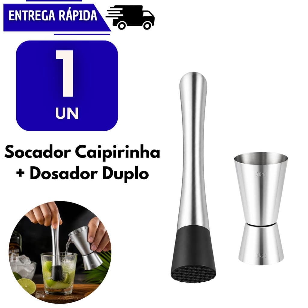 Kit Drink Socador E Dosador Duplo 25/50ml Em Aço Inox Caipirinha Dose Coquetel Bar Restaurante Bebidas Bebida Barman