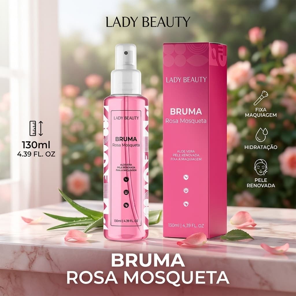 Bruma Fixadora Lady Beauty Rosa Mosqueta Vegana 130ml Fixação da Maquiagem 1/2/3 Unidades