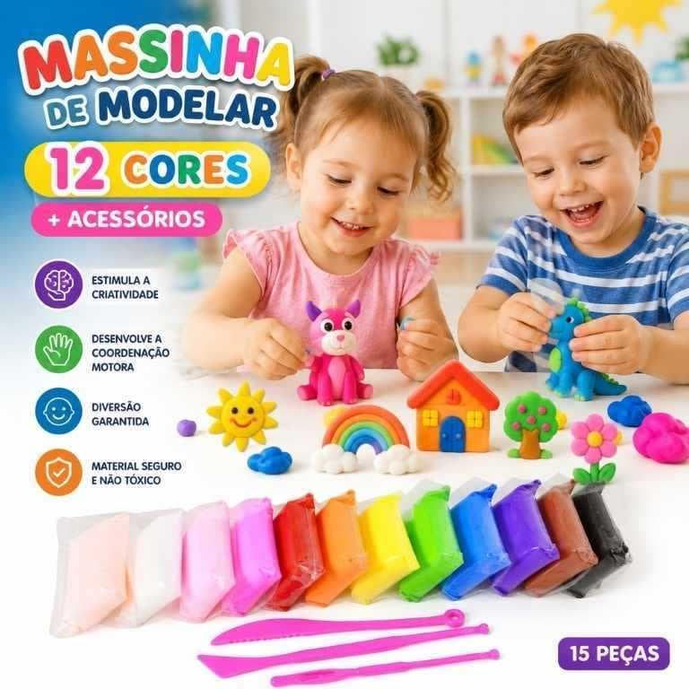 Massinha para Modelar com 12 Cores + Acessórios Kit Infantil Educativo Criativo para Crianças