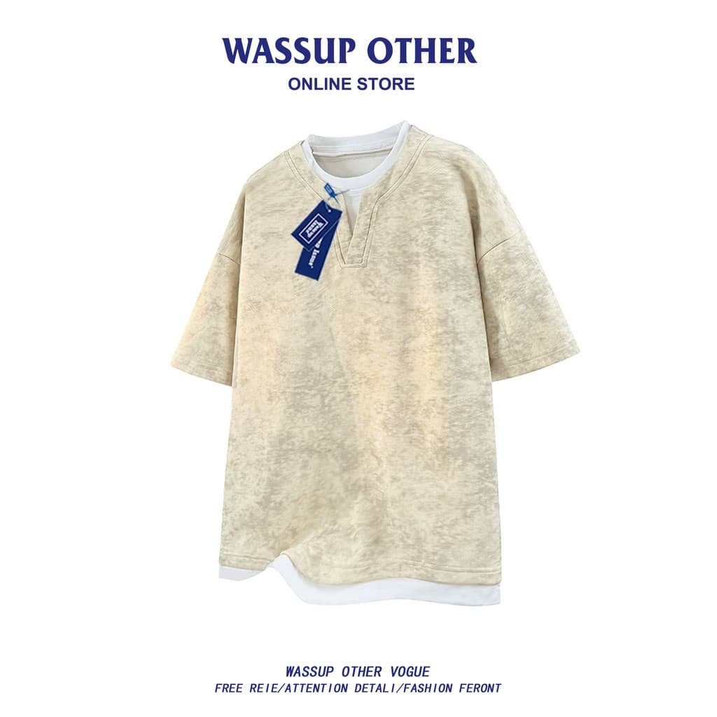 WASSUP OUTRO Tie-Dye Falso Top de Duas Peças Roupas Masculinas Verão Casal Americano Desgaste Solto Camiseta de Manga Cu