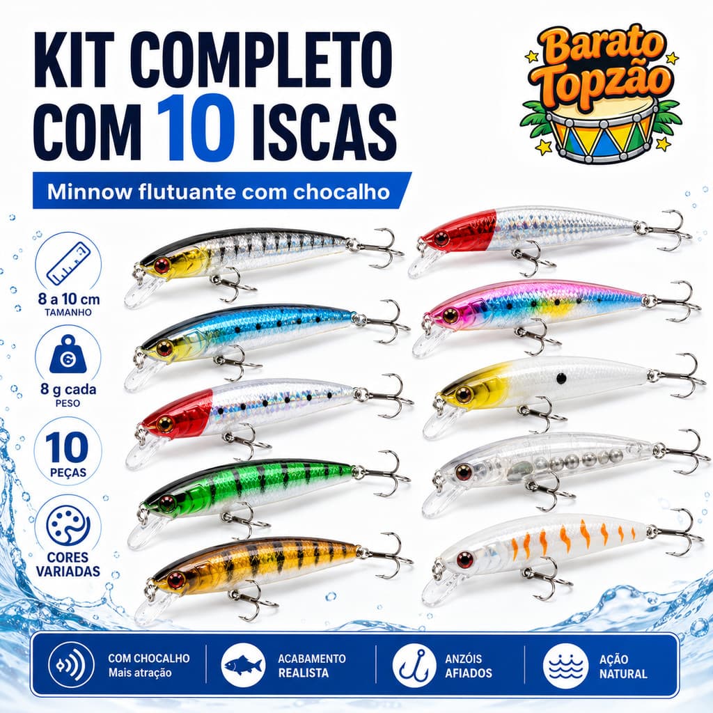 Kit 10 Iscas Artificiais Minnow Flutuante Rattlin Meia Agua Pesca Tucunare Traira Robalo Rigida - Envio Imediato