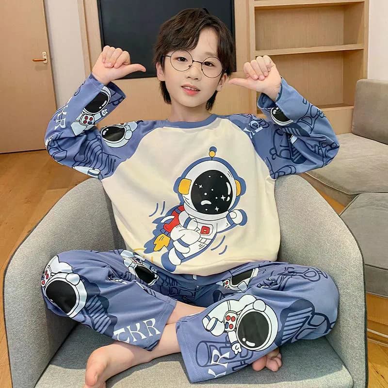 [JTZ] Conjunto de pijama de manga comprida com estampa de desenho animado para menino, pijama solto com gola redonda