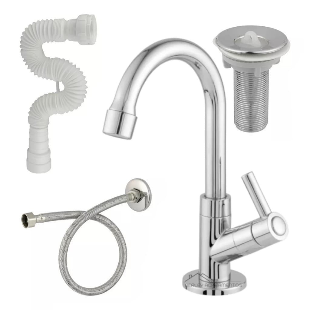 Kit Torneira para Lavatório Banheiro Cromado + Válvula + Sifão + Engate