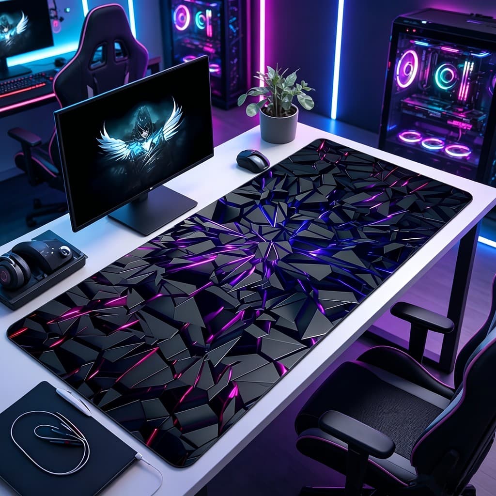 Tapete De Rato Geométrico Quebrado Neon Roxo Para Jogos , Mesa Grande À Prova D'água De Borracha Antiderrapante Com Bord
