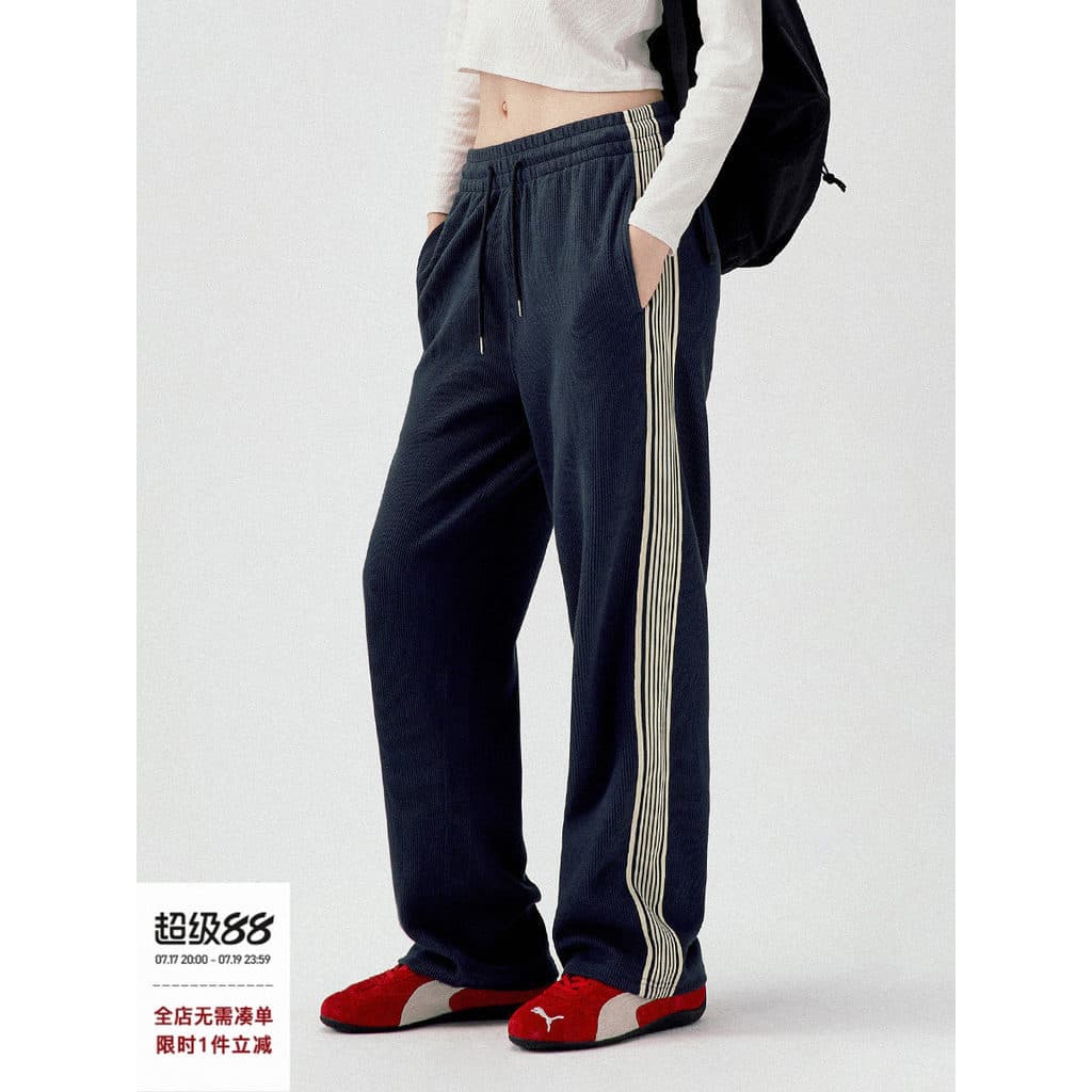 714street Retro esportes texturizado fita Sweatpants masculino 2026 primavera novo estilo textura em linha reta calças c