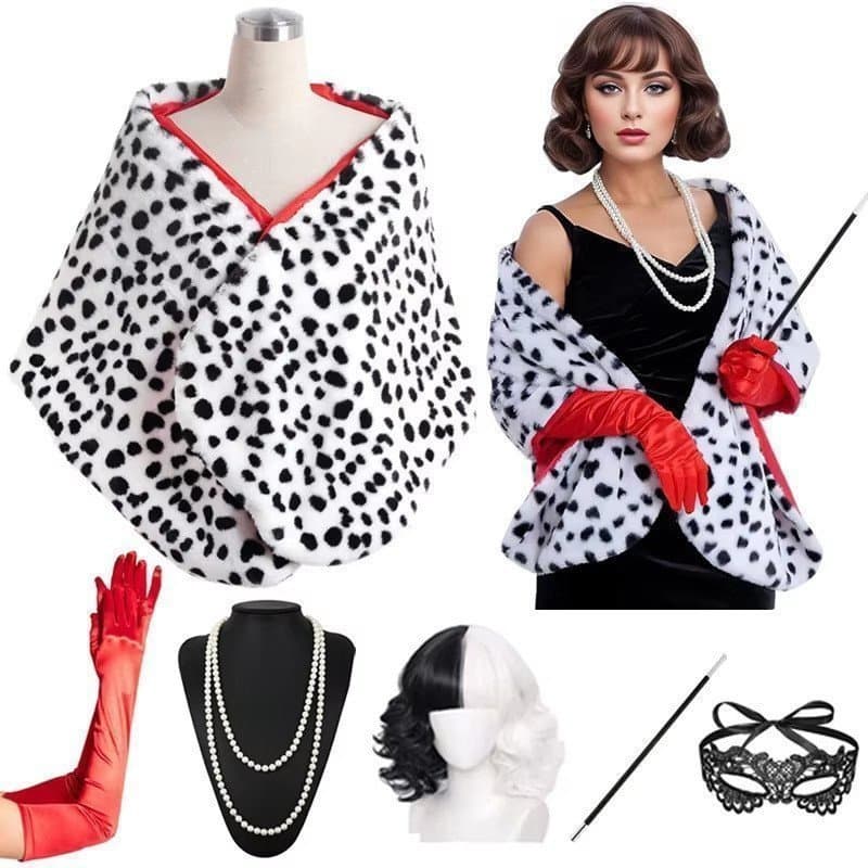 Fantasia Feminina de Cruella Deville com Xale Estampado de Dálmatas e Lenço Preto e Branco, Fantasia de Halloween para A