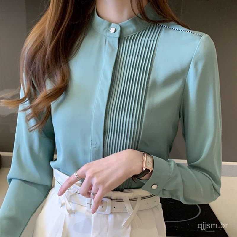 Blusa Básica Branca de Chiffon de Manga Longa com Botão, Blusas e Camisas Formais para Escritório 2023 para Mulheres no