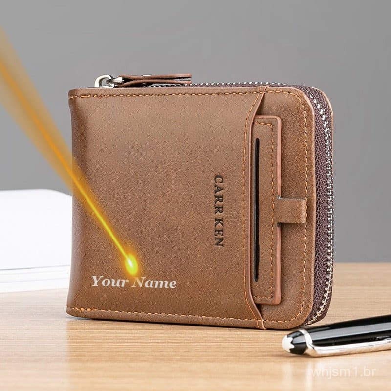 Carteira Personalizada com Nome para Homens com Zíper, Couro, Estilo Casual, Curta, Porta-Cartões de Identificação, Pres