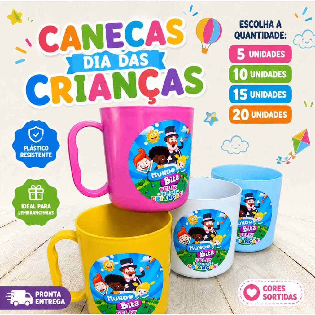 Caneca Plástica Mundo Bita Dia das Crianças 375ml Kit 5, 10, 15 ou 20 Unidades Personalizada Lembrancinha Igreja Escola