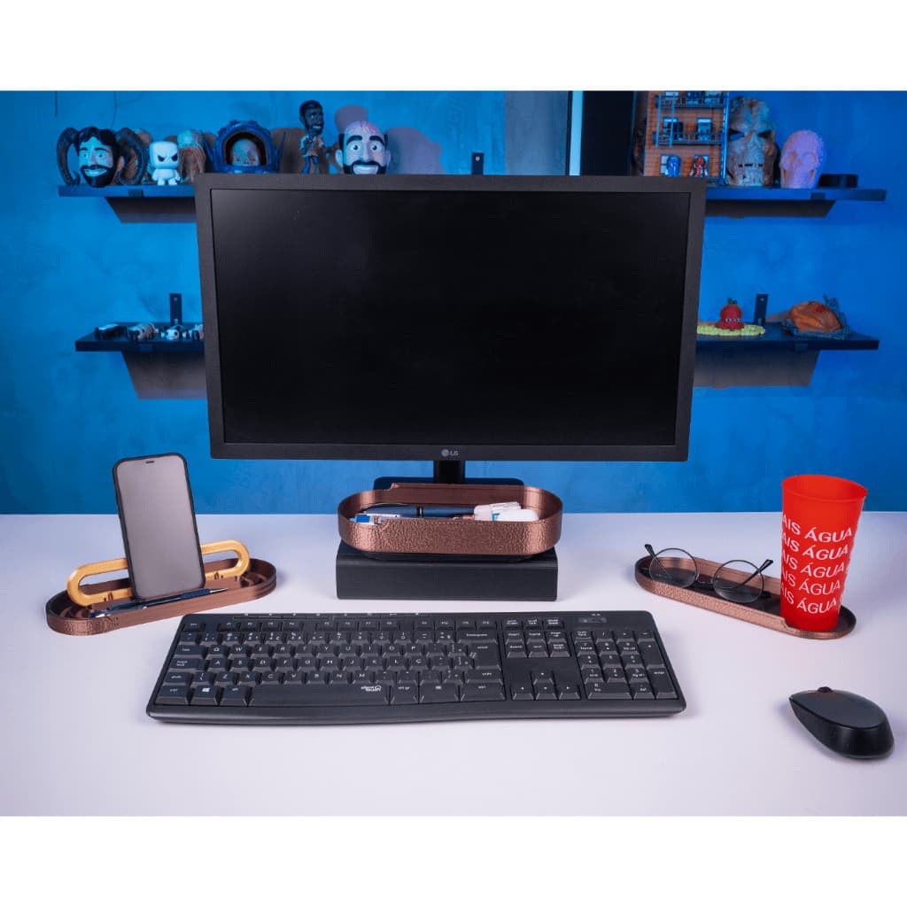 Organizador de Mesa Premium 3D – Escritório, Home Office e Setup Gamer | Kit 3 Peças