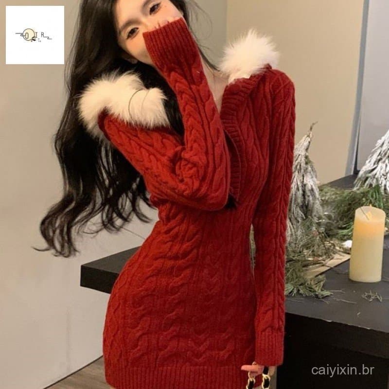 Vestido de Suéter de Malha Vermelha – Saia Grossa de Inverno com Gola de Pelo e Capuz para Mulheres 55UT