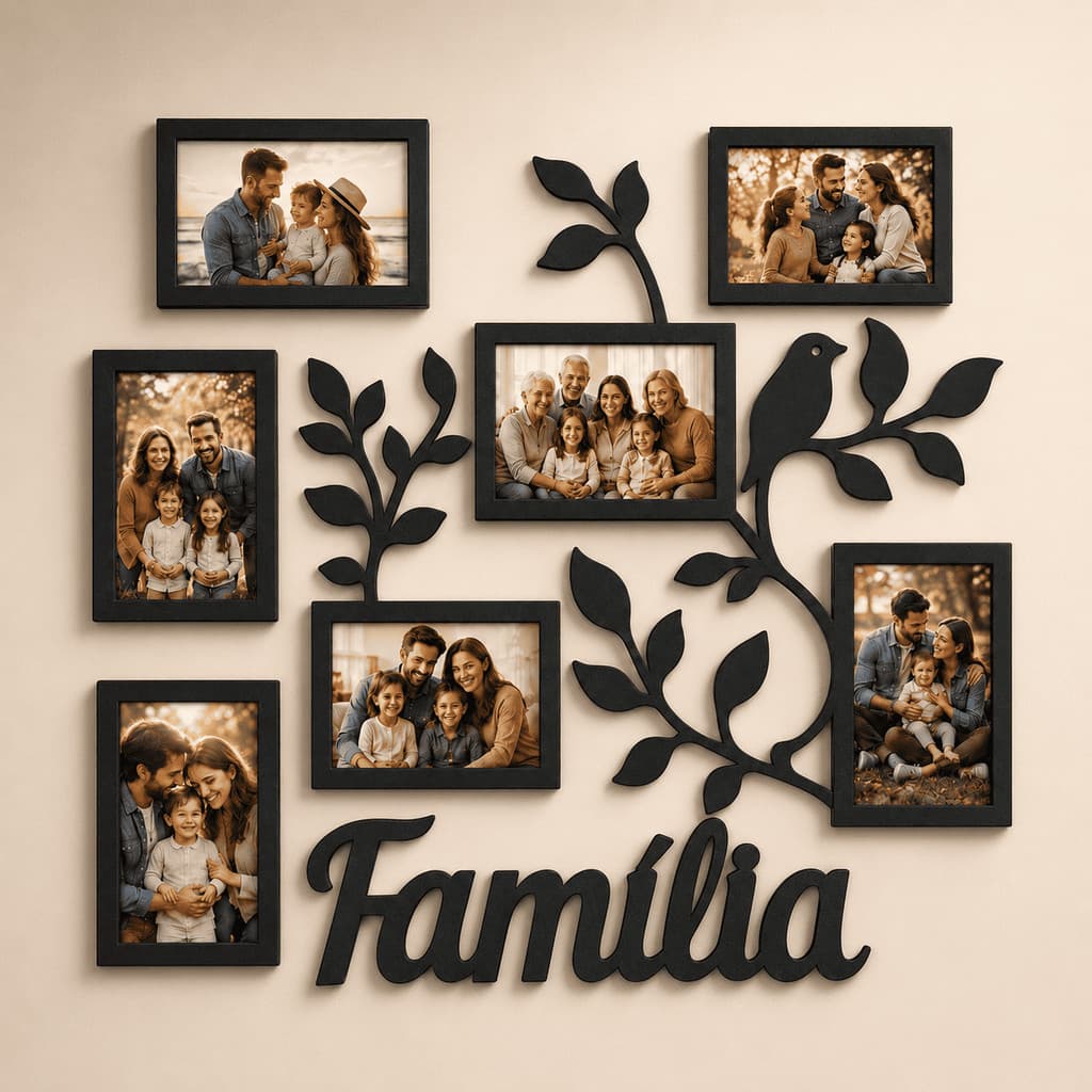 Porta Retrato Família MDF 7 Molduras 10x15 para Parede Decoração Sala Quarto Galhos Pássaros 50x45cm