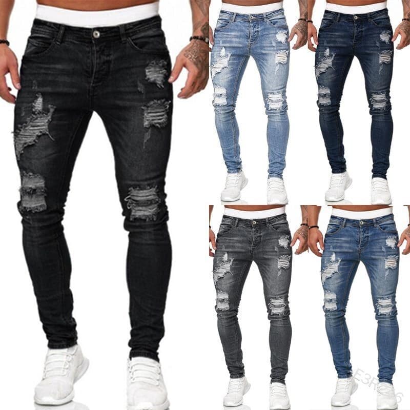 Calça jeans masculina rasgada na moda preta Slim fit calça Skinny masculina
