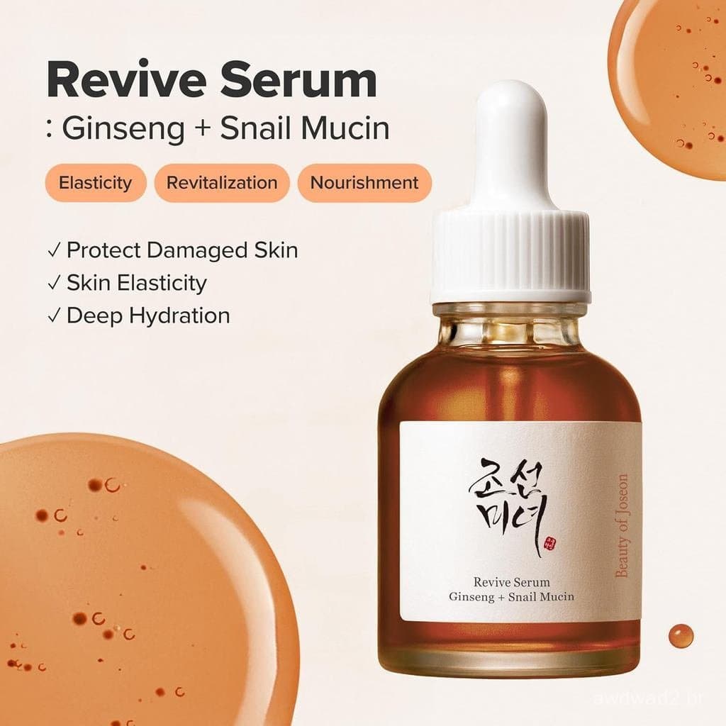 Um sérum facial hidratante à base de peptídeos, contendo muco de caracol e ginseng revitalizante, adequado para pele sen