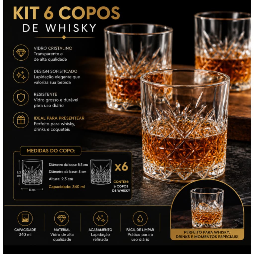 Kit 6 Copos de Whisky 340ml Vidro Lapitado e Cristalino Design Luxuoso