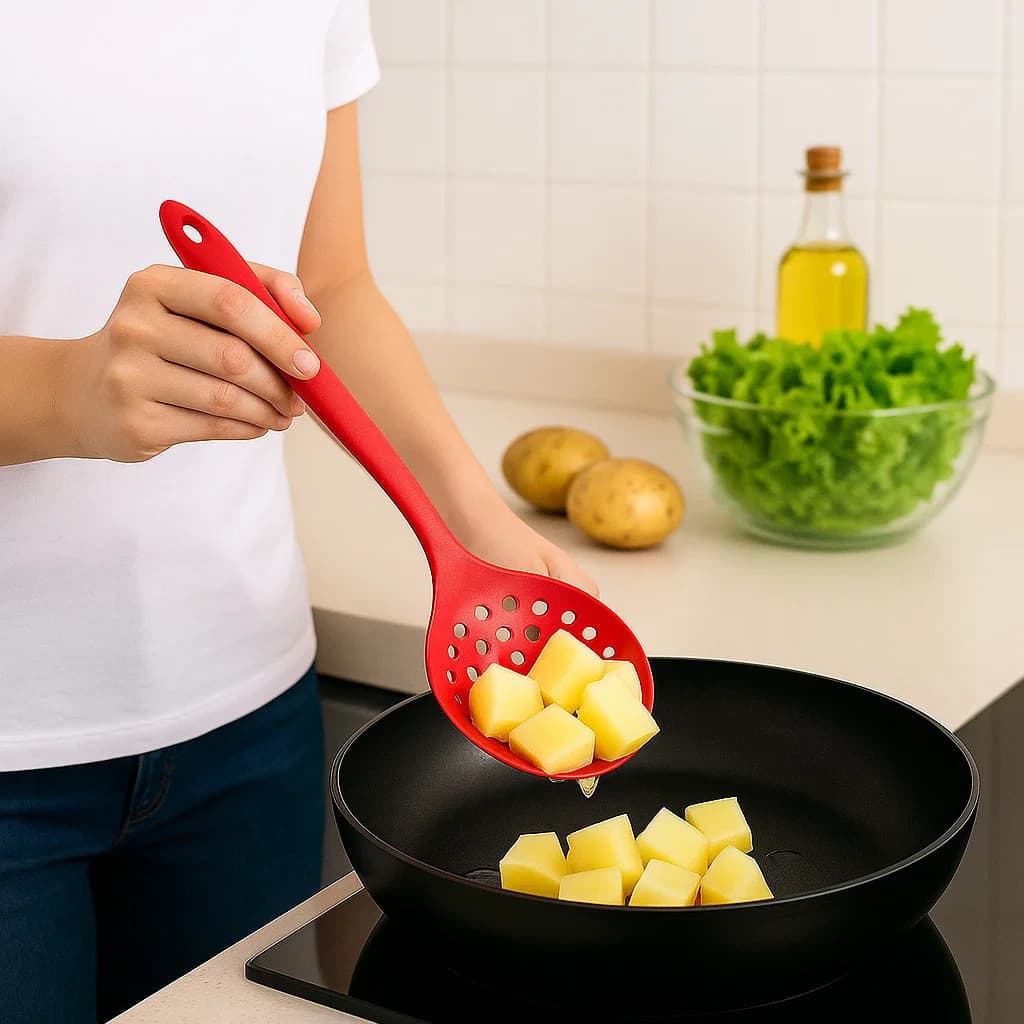 Escumadeira Silicone Vermelha Fritura Pegador Talheres Concha Escorrer Óleo